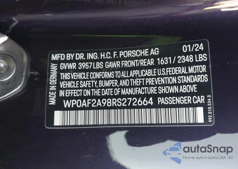 2024 Porsche 911 Gt3 Rs/S/T из США, поврежденный, VIN WP0AF2A98RS272664